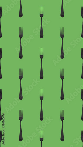 pattern. Fork top view on yellow green background. Template for applying to surface. Vertical image. Flat lay. 3D image. 3D rendering.