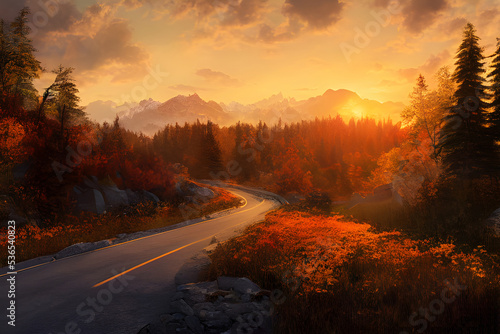 An open road winds its way to the mountains as the sun sets. 