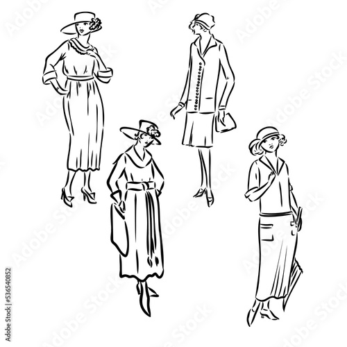 Vintage vector people set. fashion style set. Group of retro woman and man. style, sketch style, engravings with people