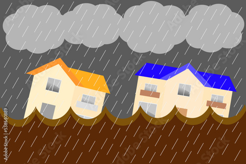 家が洪水で流される。大雨による災害。