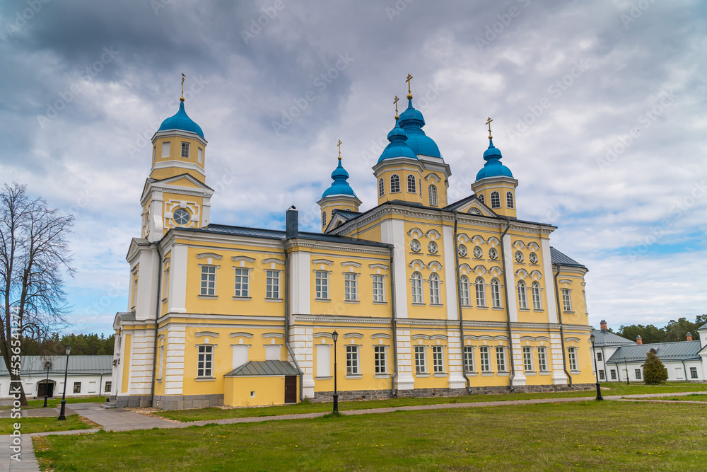 Russia. Leningrad region. May 29, 2022. Cathedral of the Nativity of the Virgin on the island of Konevets.