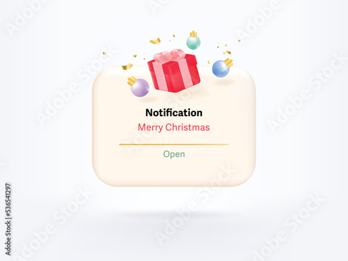 3D reminder notifications page with floating elements. Alert for Merry Christmas events, reminder and timetable in background. 3d vector gift render on calendar.