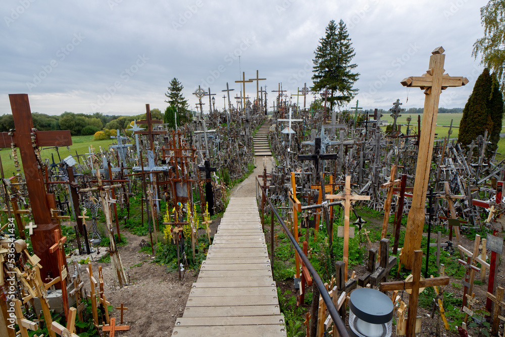 SIAULIAI, LITHUANIA. Hill of Crosses is a unique monument of history and religious folk art and the most important Lithuanian Catholic pilgrimage site. 10 02 2022 SIAULIAI, LITHUANIA. Hill of Crosses is a unique monument of history and religious folk art and the most important Lithuanian Catholic pilgrimage site. 10 02 2022
