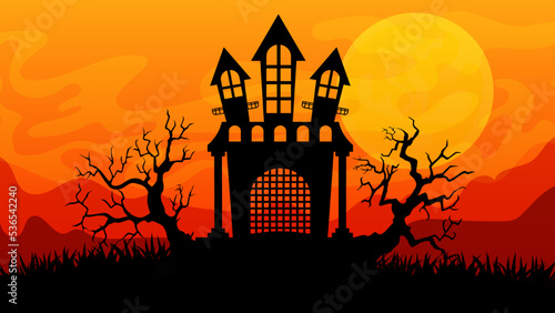 Halloween background. Scary haunted castle on graveyard