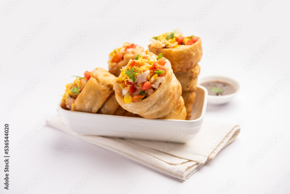 Kutchi Cone Chaat is a popular party appetizer snack from India Kutchi Cone Chaat is a popular party appetizer snack from India