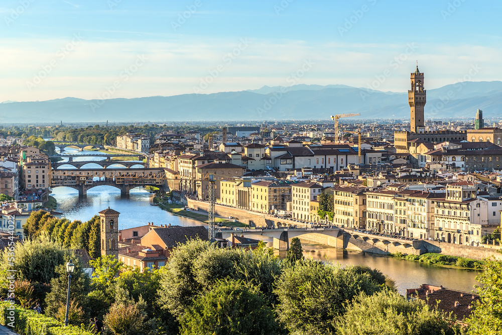 Florence, Italy. Scenic view of the city and bridges on the Arno river