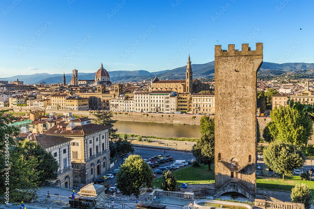 Florence, Italy. Scenic view of the city. In the foreground is the Gate (tower) of St. Nicholas, 1324