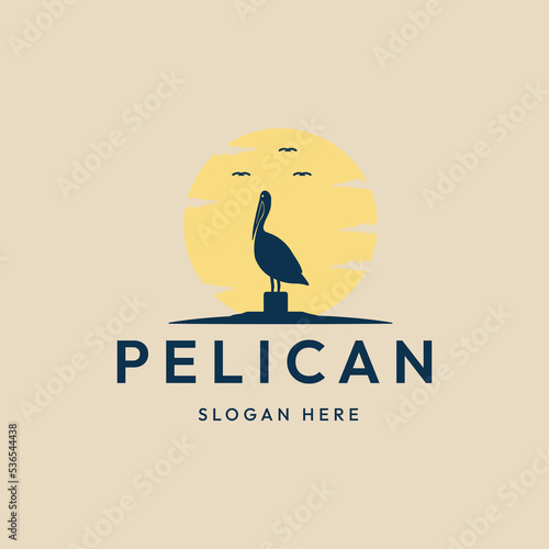 pelican bird vintage logo and symbol ,with sun vector illustration design