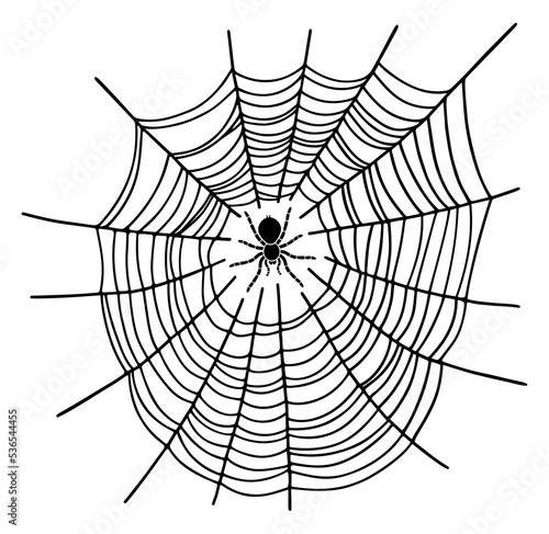 Spider in the web. Black vector silhouette isolated on white background. Halloween decoration element.