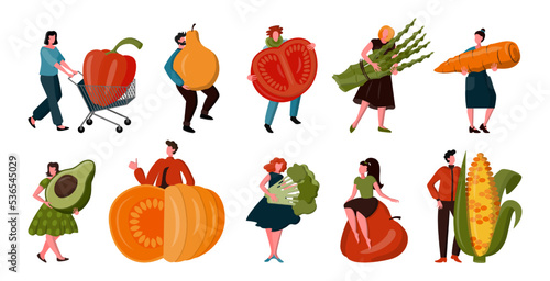 People hold huge products, vegetable and fruits diet, fresh food. Healthy lifestyle, eco vegan characters, woman and man health, vegetarian farm icons. Vector current cartoon flat illustration