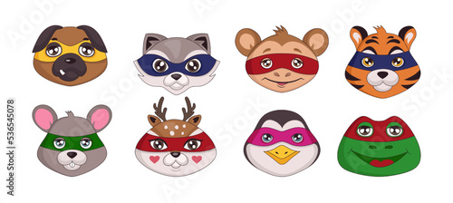 Animal superhero masks. Happy forest mammals. Creative face card or wallpaper. Kids heroic characters set. Isolated hero heads. Penguin or raccoon funny muzzles. Vector cartoon illustration