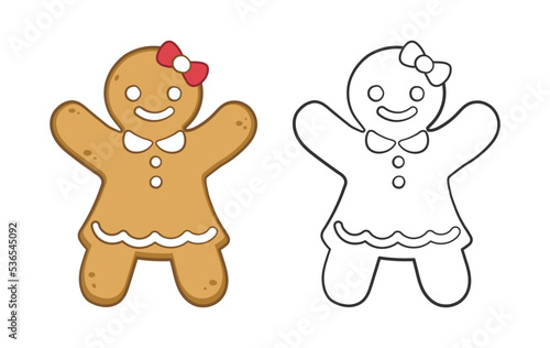 Gingerbread girl cookie outline and colored doodle cartoon illustration set. Winter Christmas food theme coloring book page activity for kids.
