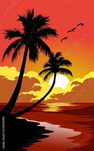 sunset on the beach with trees and birds