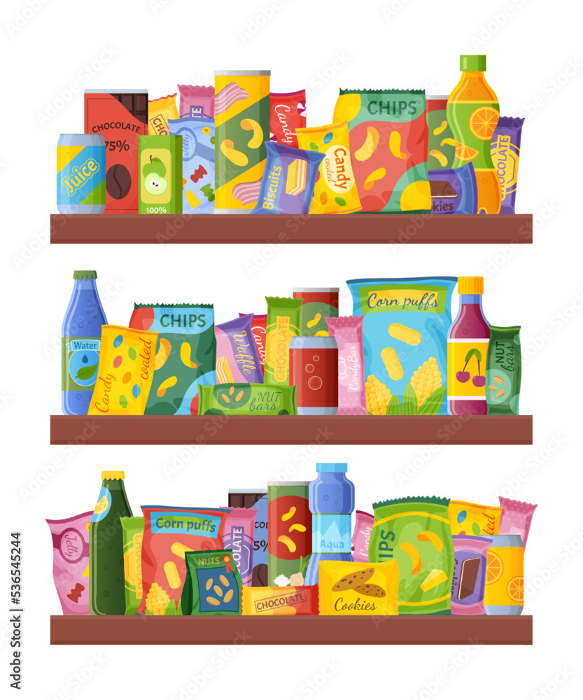 Snack shelving. Food grocery. Drink bar shelf. Store with candy pack and juice bottles on shelves. Sale in market shop. Chips bags. Cookies wraps. Vector cartoon unhealthy nutrition