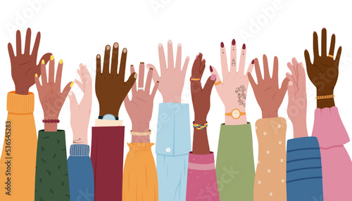Diverse culture hands. People racial diversity. United volunteer equality. Social multicultural group. Community unity. Raised arms. Sleeves and accessories. Vector colorful illustration