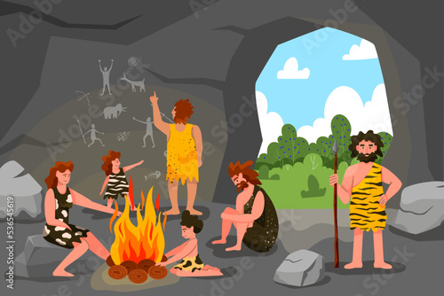 Primitive tribe cave people. Stone age. Primal painting. Ancient tribesmen. Rock drawing. Man and woman around bonfire. Food in fire. Garish illustration. Vector Prehistoric composition