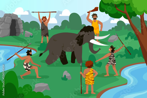 Stone Age. People hunting mammoth. Primitive man and animal. Paleolithic hunters. Cave prehistoric weapons. Woman with ancient spear. Garish primeval family. Vector cartoon background