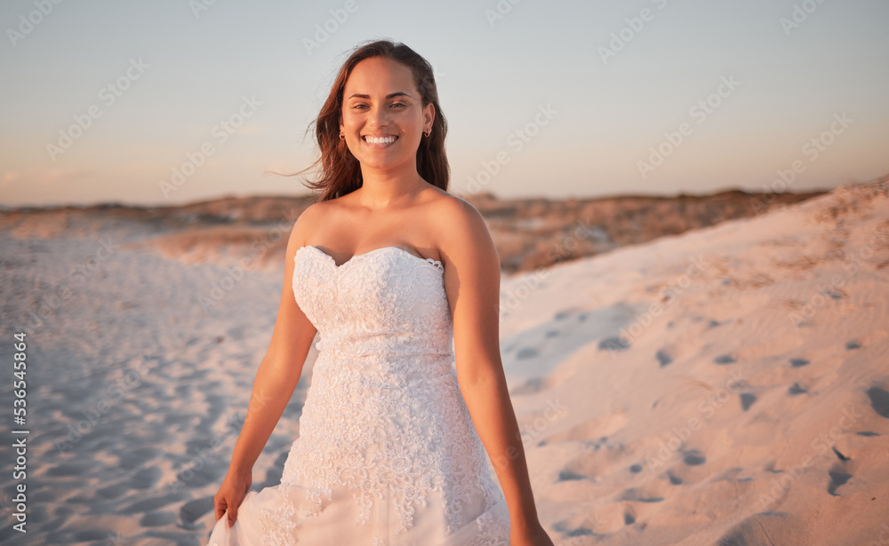 Beach, wedding and portrait of a happy bride standing outdoor in nature at a marriage ceremony. Romantic, sunset and beautiful married woman with a smile by the ocean or seaside in puerto rico. Beach, wedding and portrait of a happy bride standing outdoor in nature at a marriage ceremony. Romantic, sunset and beautiful married woman with a smile by the ocean or seaside in puerto rico.