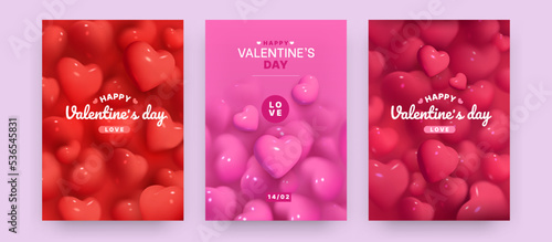 3d Valentine posters, mother day card, red and pink hearts pattern. Happy love postcard for mom birthday, exact balloons for honeymoon gift. Glossy elements, vector background concept