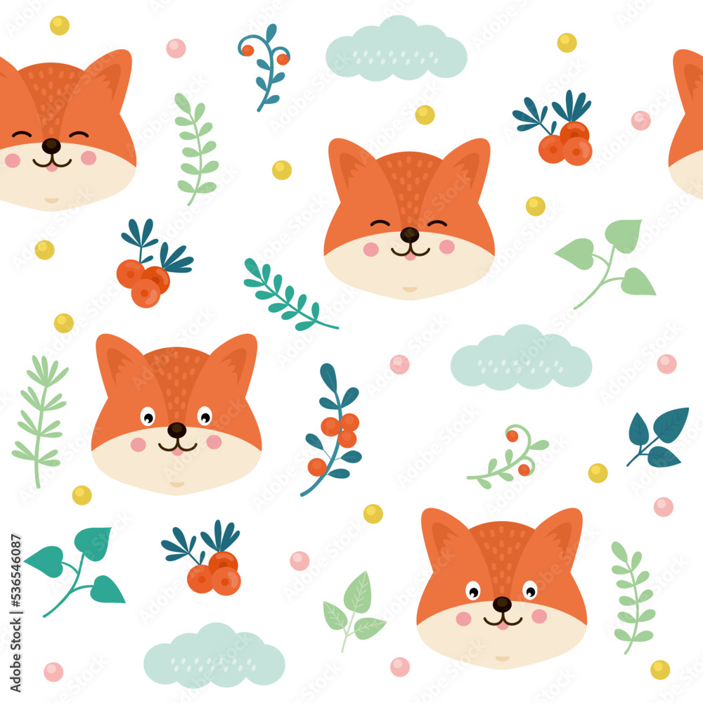 Cute fox pattern. Autumn animal print. Winter kids head. Forest mammal muzzle. Baby doodle background. Geo child design. Leaves and berries. Woodland creatures. Vector seamless texture