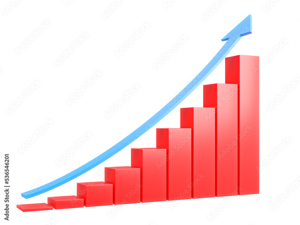 Red business graph with up arrow.,3d model and illustration. Red business graph with up arrow.,3d model and illustration.