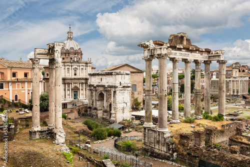 View of the architectural monuments of ancient Rome in the Roman Forum. Rome, Italy