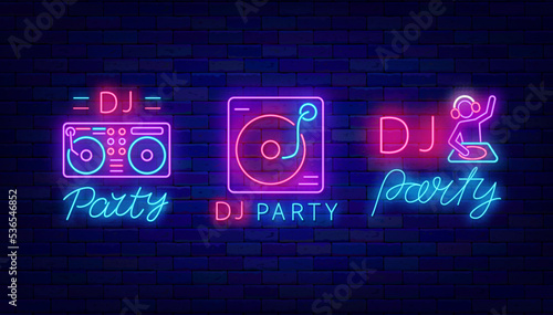Dj party neon signboards collection. Shiny advertisings. Music dj console. Disk jockey icon. Vector stock illustration
