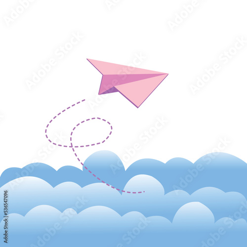 cute happy girl flying in sky with paper plane