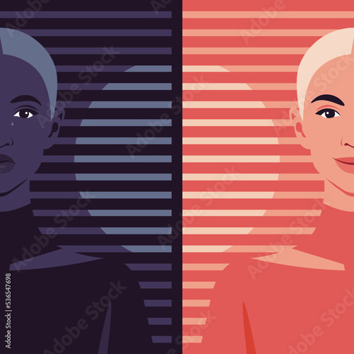 Portrait of a young woman with bipolar disorder. Happy and depressed faces. Mental health. Melancholy teenager. Vector flat illustration