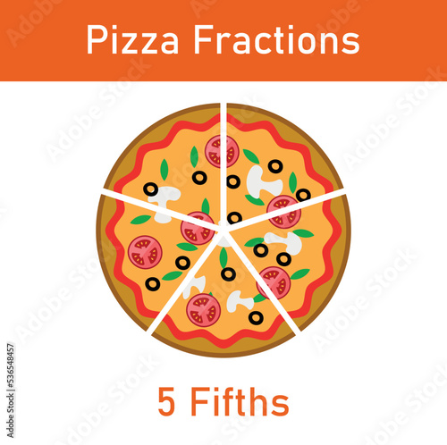 Five fifths pizza fractions. Fraction for kids. Pizza slices. Fraction fun with pizza. vector illustration isolated on white background.