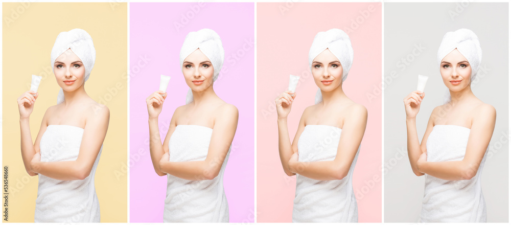 Young, beautiful and natural woman wrapped in towel. Set collection. Young, beautiful and natural woman wrapped in towel. Set collection.