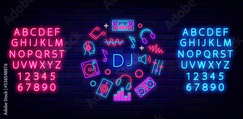 DJ party night neon circle layout with music icons. Glowing greeting card. Vector stock illustration