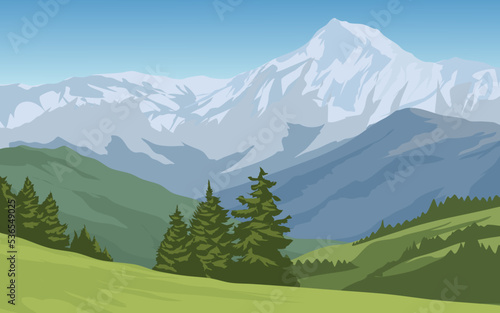 Beautiful snow-capped mountain landscape with pine trees and meadow. Vector landscape illustration