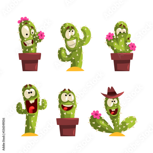 Cute Green Cactus in Pot as Funny Prickly Plant with Face Expression Vector Set