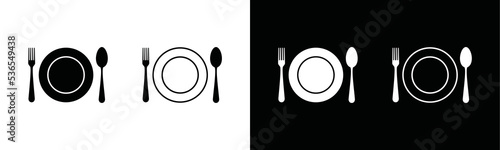 Spoon, fork, and plate icon vector. Cutlery sign symbol silhouette in black and white