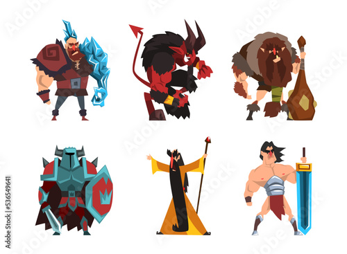 Fantastic Magical Creature Character and Monster with Wizard, Armored Man and Devil Vector Set