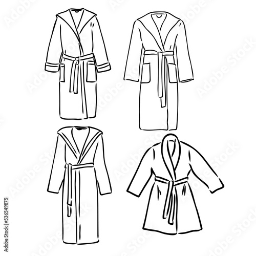 dressing gown, bathrobe fashion flat sketch vector illustration unisex self belt bathrobe template isolated illustration on white background. CAD mockup.