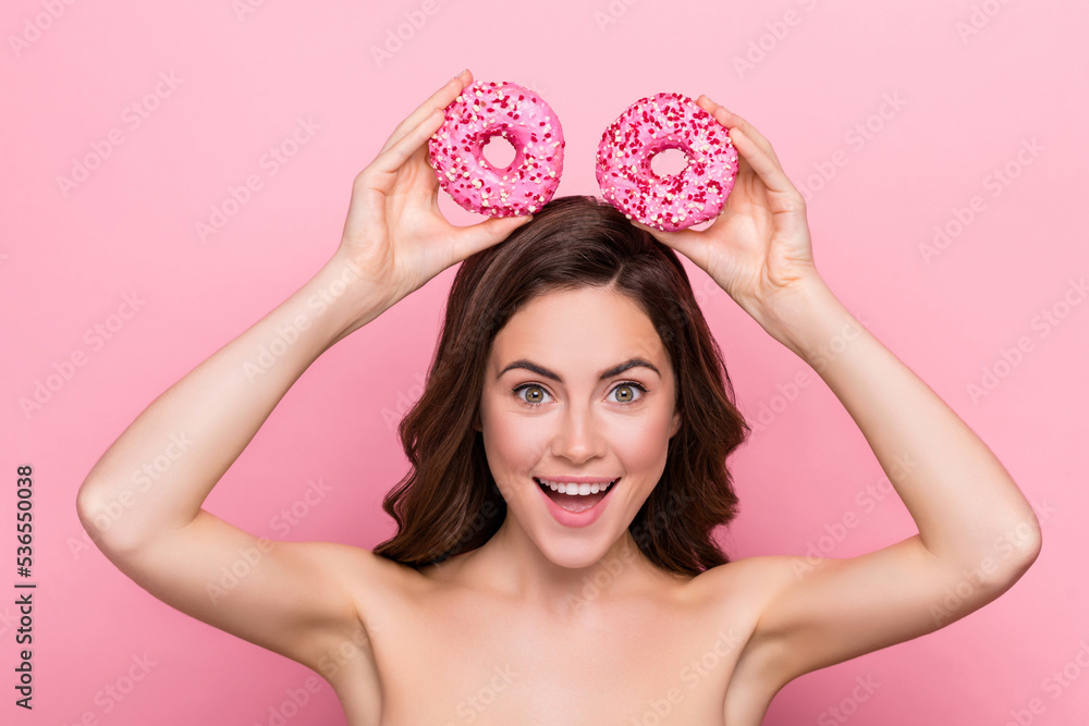 Photo of tricky funky young nude lady wear nothing mickey mouse donuts
