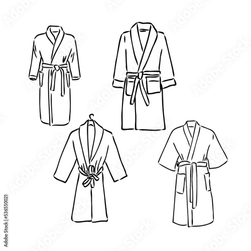 dressing gown, bathrobe fashion flat sketch vector illustration unisex self belt bathrobe template isolated illustration on white background. CAD mockup.