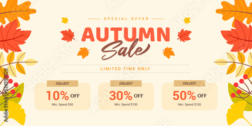Autumn sale voucher coupon template background vector illustration. Promotion coupon on autumn leaves colors border