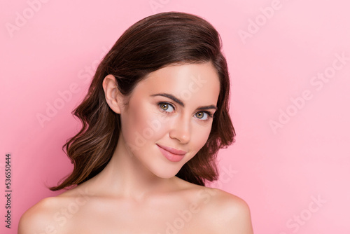 Photo of sexy charming young nude lady wear nothing smiling empty space isolated pink color background
