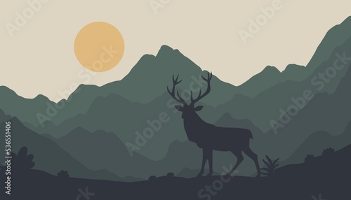 Bright and juicy shades.Beautiful background with mountains and deer.Beautiful mountains deer and temple.Beautiful temple on the background of mountains. Minimalist background wallpaper template with 