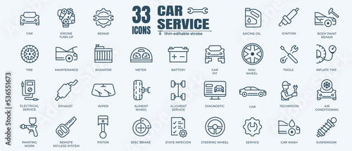 Car service icon set with editable stroke and white background. Auto service, car repair icon set. Car service and garage.  photo