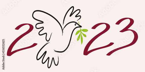 Fototapeta Naklejka Na Ścianę i Meble -  Illustration au trait d’une colombe avec un rameau d’olivier, pour souhaiter une année 2023 sous le signe utopique de la paix dans le monde.