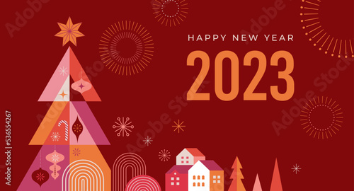 Merry Christmas modern design, holiday gifts, winter elements, candles, Christmas tree, village and Xmas decorations. Colorful vector illustration in flat geometric cartoon style