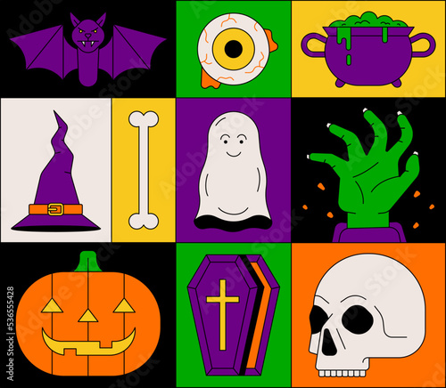 Vector illustration icon set of Halloween. Bat, eye, potion, hat, bone, ghost, zombie hand, pumpkin, coffin, skull.