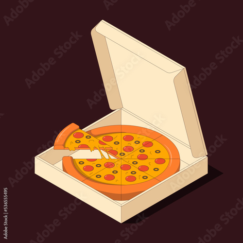 Vector isometric illustration of pizza in box.