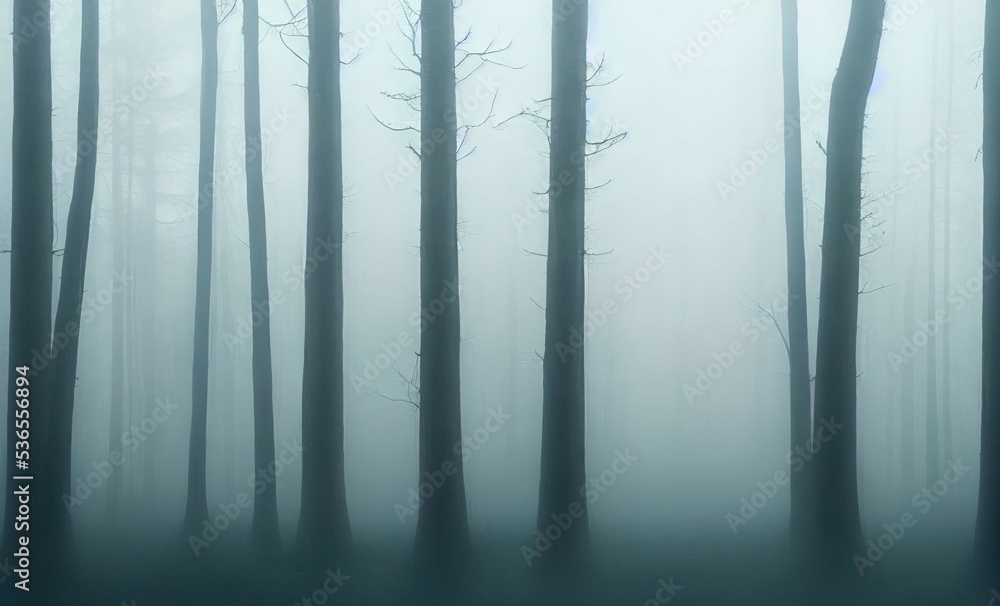 Obraz premium Silhouettes of trees in a misty forest. Misty forest trees in morning fog. Misty forest trees background. Misty forest in fog
