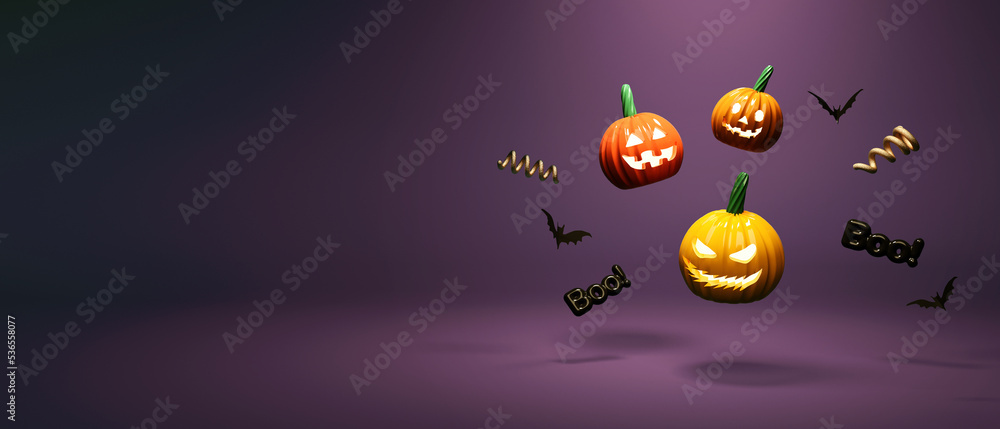 Fototapeta premium Halloween theme with pumpkin ghosts and bats - 3D
