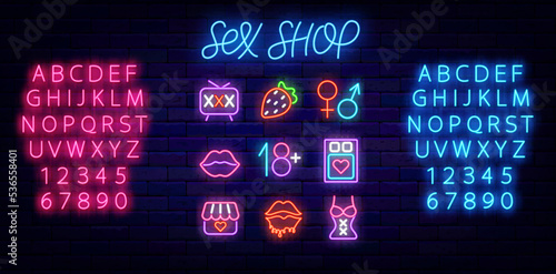 Sex shop neon icons collection. Intimate store advvertising lettering. Adult toys set. Isolated vector illustration